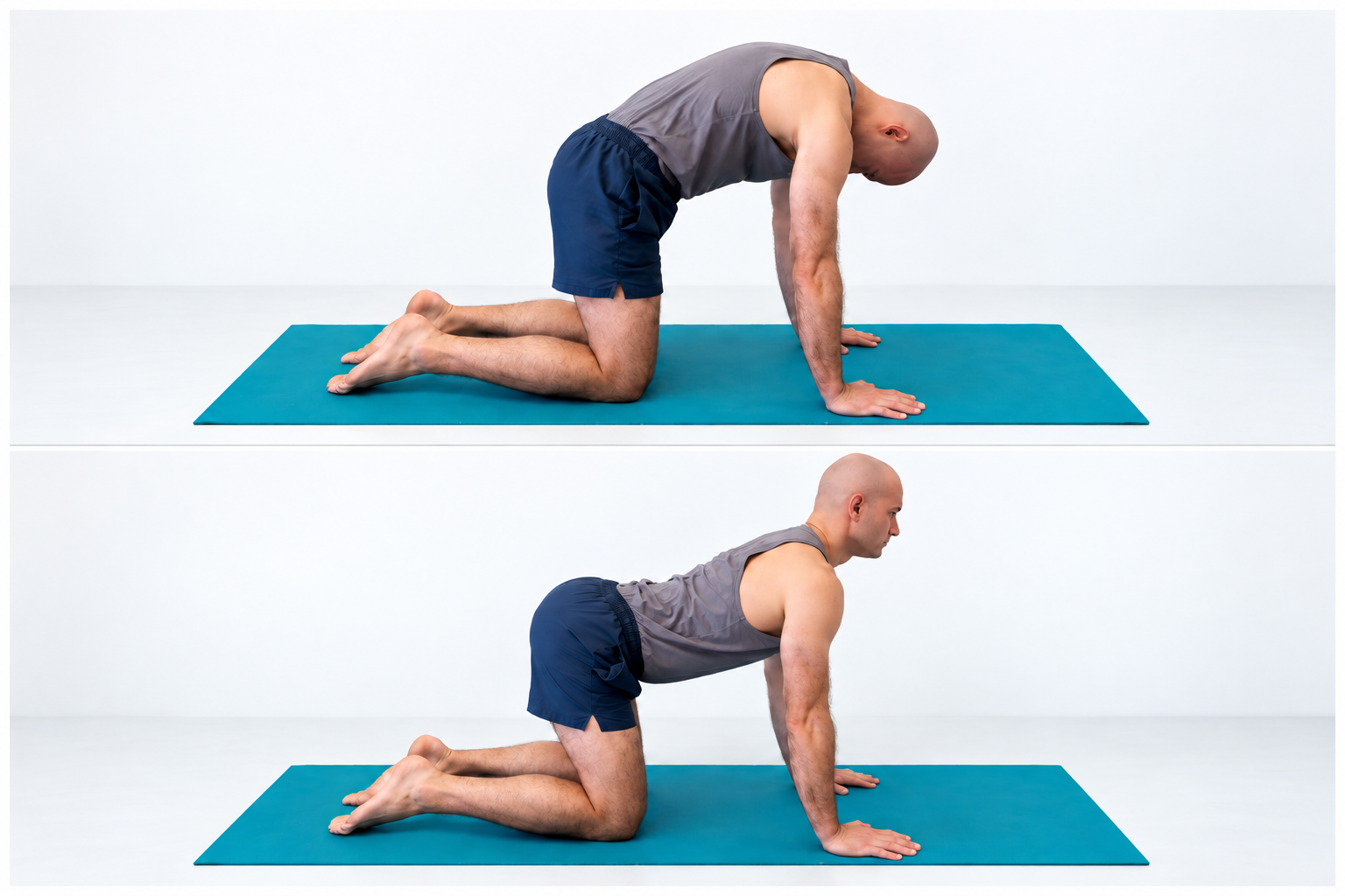 Matthew demonstrating the Cat exercise in two positions on a teal mat, from Forty Moves to Freedom