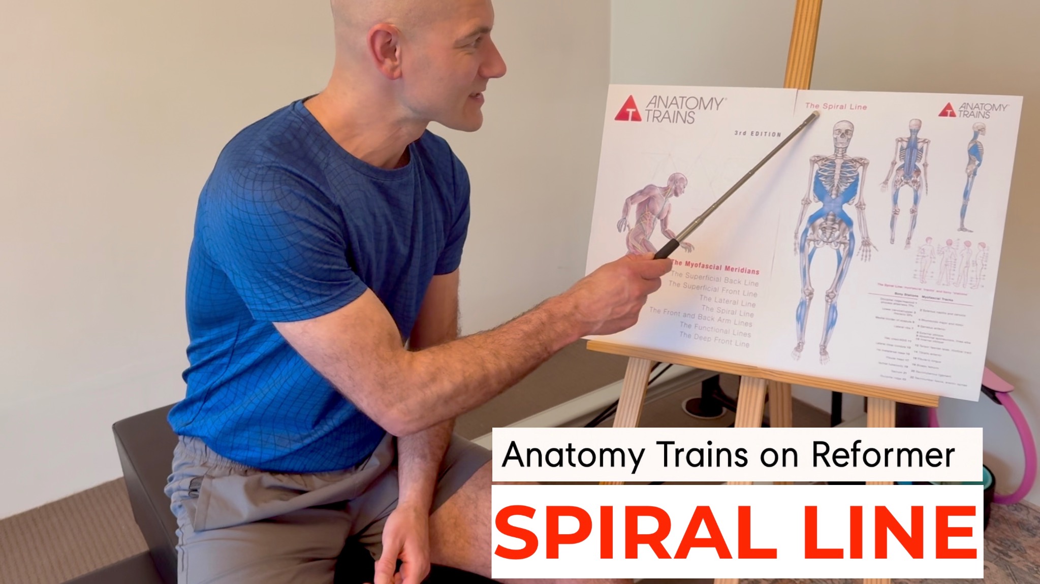 Matthew teaching the Anatomy Trains Spiral Line using illustrated posters on an easel
